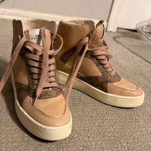 Coach Women's Beige and Brown wedge High-Top Sneakers